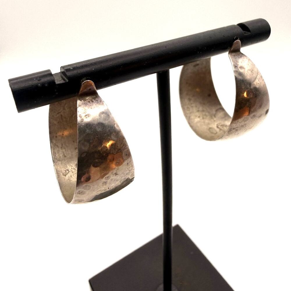 Vintage Handmade 925 Sterling Silver Hammered Wide Hoop Earrings Pierced Post